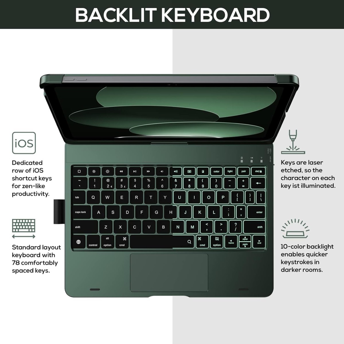 typecase Touch Keyboard for New iPad A16 2025 (11 Inch) & iPad 10th Generation with Multi-Touch Trackpad, 11-Colors Backlit, 360° Rotatable Design, Bluetooth Keyboard case, Pencil Holder (Black'25)