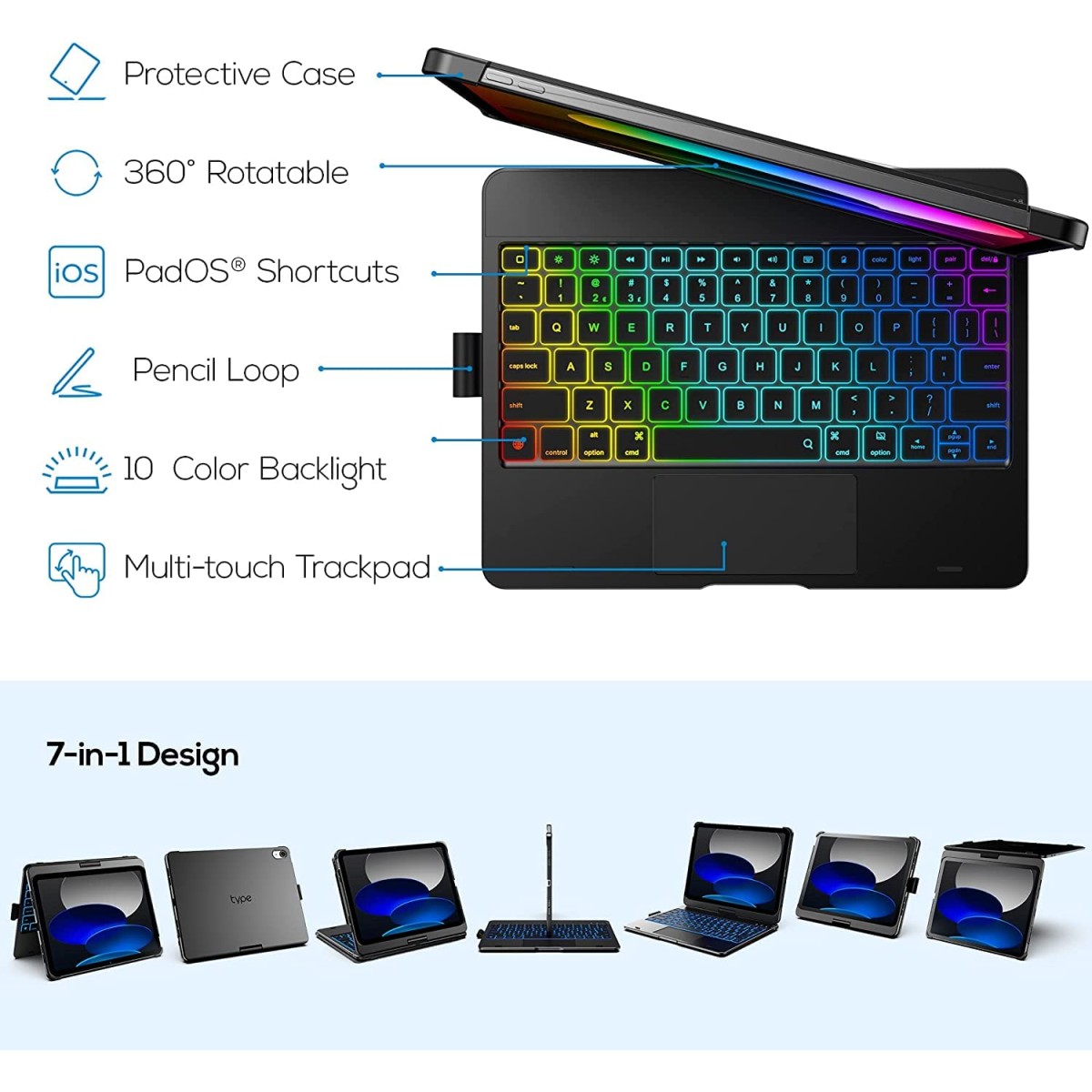 typecase Touch Keyboard for New iPad A16 2025 (11 Inch) & iPad 10th Generation with Multi-Touch Trackpad, 11-Colors Backlit, 360° Rotatable Design, Bluetooth Keyboard case, Pencil Holder (Black'25)