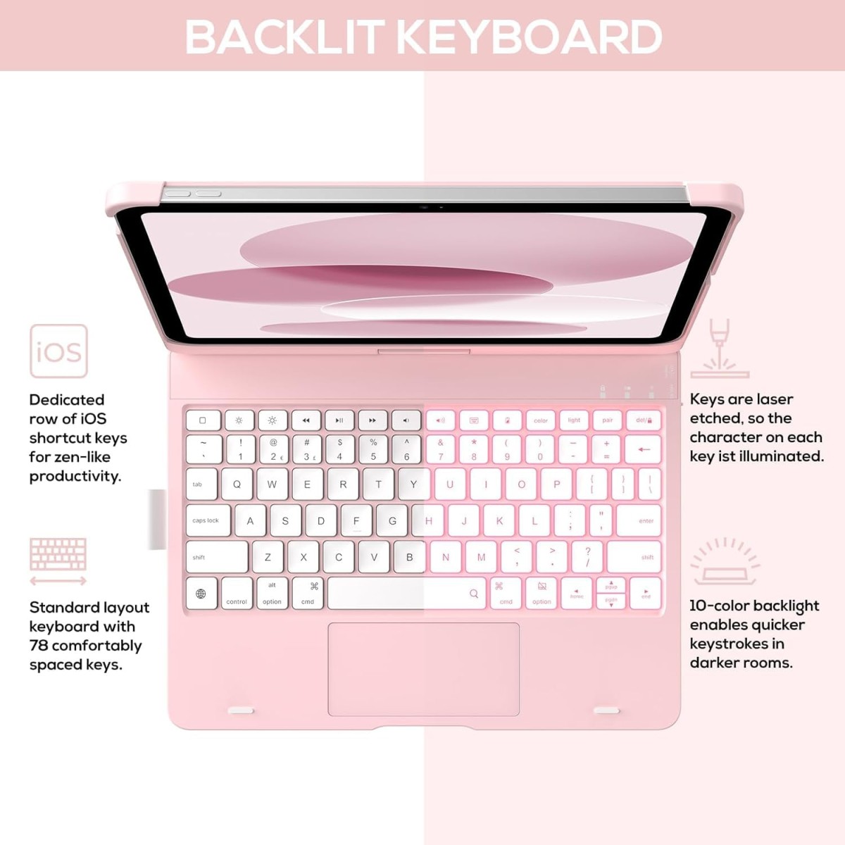 typecase Touch Keyboard for New iPad A16 2025 (11 Inch) & iPad 10th Generation with Multi-Touch Trackpad, 11-Colors Backlit, 360° Rotatable Design, Bluetooth Keyboard case, Pencil Holder (Black'25)