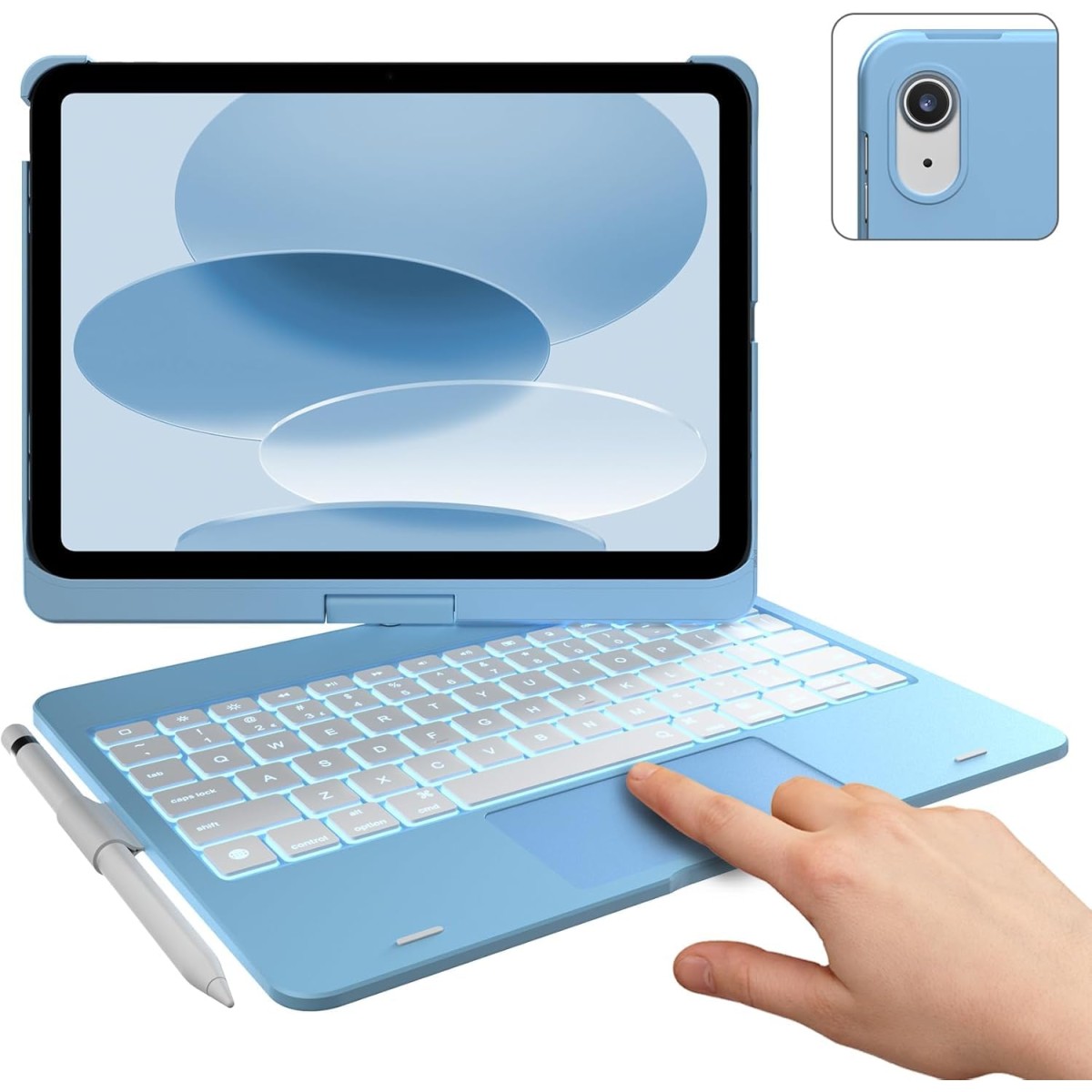 typecase Touch Keyboard for New iPad A16 2025 (11 Inch) & iPad 10th Generation with Multi-Touch Trackpad, 11-Colors Backlit, 360° Rotatable Design, Bluetooth Keyboard case, Pencil Holder (Black'25)