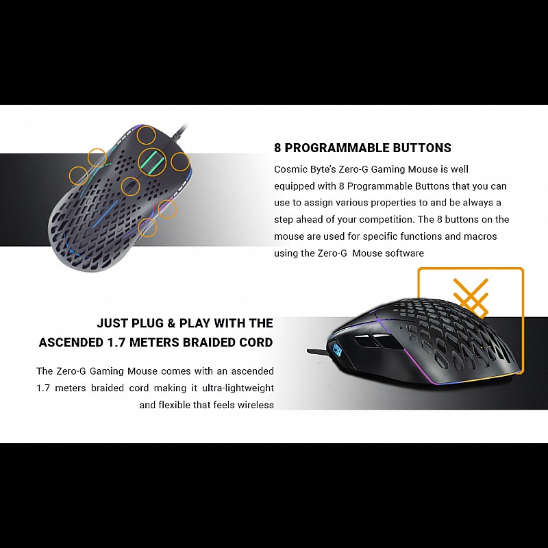 Cosmic Byte Zero-G Lightweight RGB 12400 DPI Gaming Mouse with PIXART 3327 Sensor, Ascended Cord, Software