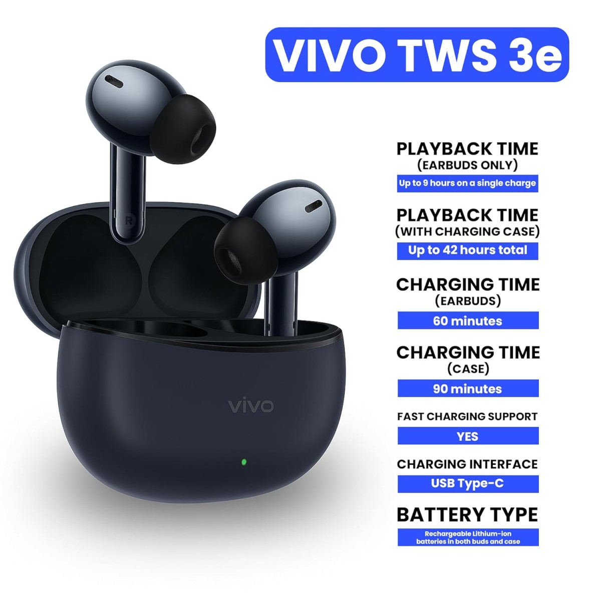 vivo TWS 3e True Wireless Earbuds | Bluetooth 5.3, AI Noise Cancellation, 42H Battery, 88ms Low Latency, Dual Device Pairing, IP54 Splash Resistant – (Dark Indigo) vivo TWS 3e True Wireless Earbuds | Bluetooth 5.3, AI Noise Cancellation, 42H Battery, 88ms Low Latency, Dual Device Pairing, IP54 Splash Resistant – (Dark Indigo)