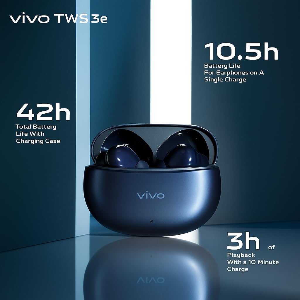 vivo TWS 3e True Wireless Earbuds | Bluetooth 5.3, AI Noise Cancellation, 42H Battery, 88ms Low Latency, Dual Device Pairing, IP54 Splash Resistant – (Dark Indigo) vivo TWS 3e True Wireless Earbuds | Bluetooth 5.3, AI Noise Cancellation, 42H Battery, 88ms Low Latency, Dual Device Pairing, IP54 Splash Resistant – (Dark Indigo)