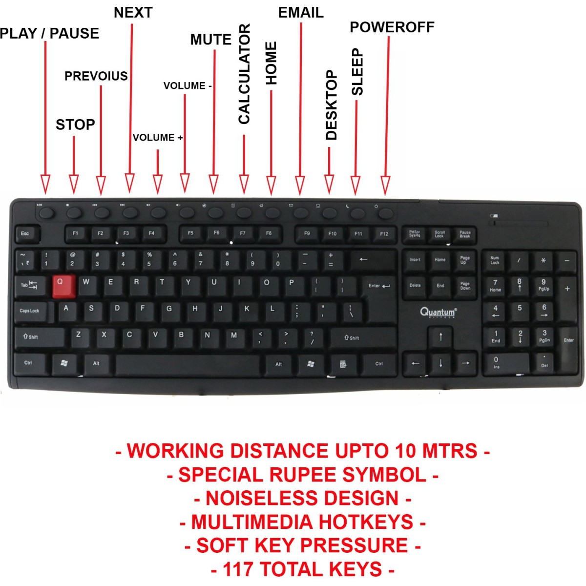 Quantum QHM9600 Wireless Multimedia Keyboard and Mouse Combo for Laptop & Desktop (Black)-