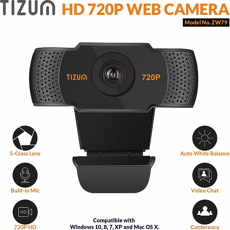 Tizum ZW79 HD 720p Webcam Web Camera for PC Mac Laptop MacBook; Manual Focus Wide Angle ALC, Noise-Reducing Mic