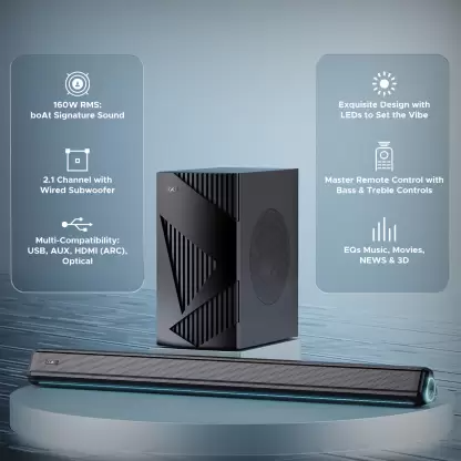 boAt Aavante Bar 1550 Pro with wired subwoofer 160 W Bluetooth Soundbar (Pebble Black boAt Aavante Bar 1550 Pro with wired subwoofer 160 W Bluetooth Soundbar (Pebble Black