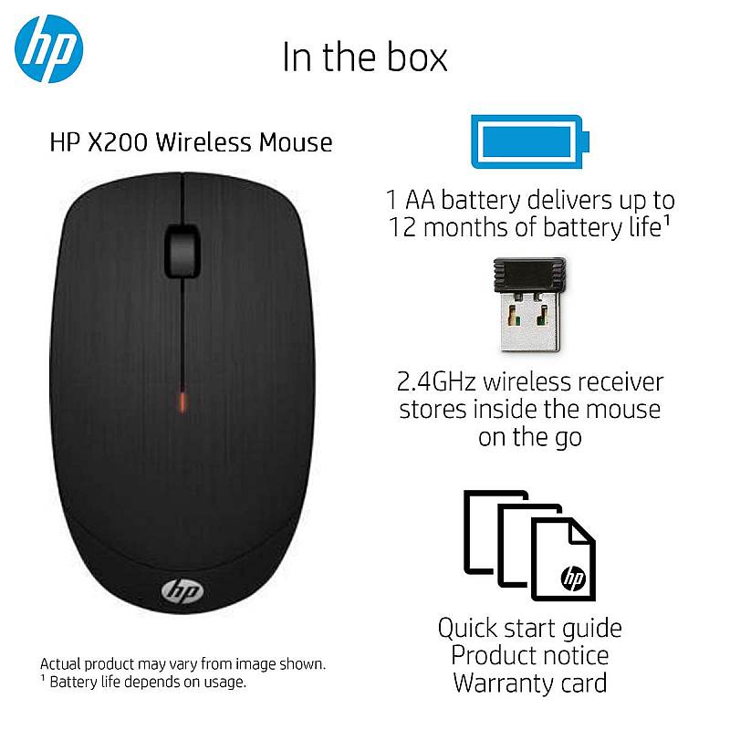 HP X200 Wireless Optical Mouse Adjustable Up to 1600DPI 2.4GHz Connectivity Black