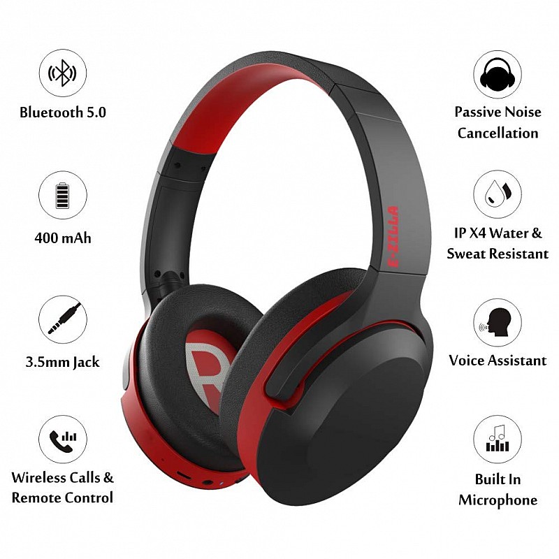 E-Zilla BoomZilla Bluetooth Headphones with Passive Noise Cancellation and 12 Hour Battery Life Black