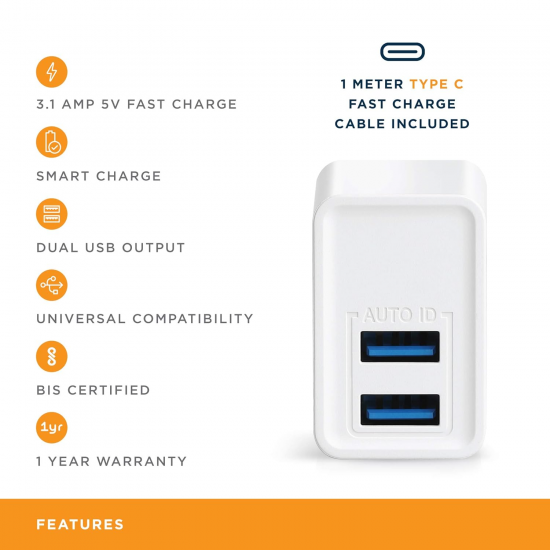 URBN 3.1Amp Dual Port Smart Charge Wall Adapter with 3 feet Fast Charging Type-C Cable Included - (White)