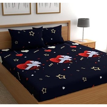 Cotton Double Bedsheet with Pillow Cover for Bedroom/Living Room/Multipurpose (Blue Red Heart)