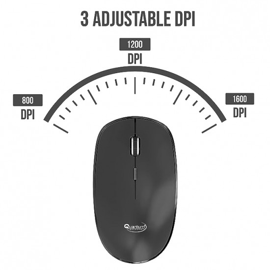 Quantum Wireless Mouse with Silent Keys, 800/1200/1600 DPI, USB Nano Receiver, USB to Type-C Connector, PC, Laptop, MacBook (Black)