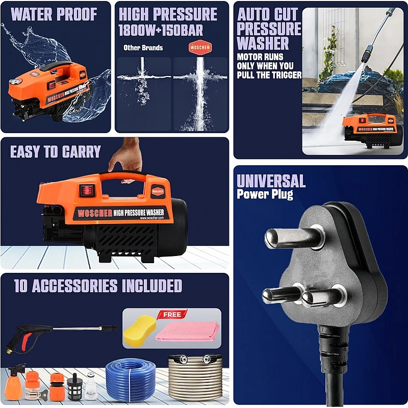 Woscher 878 High Pressure Washer 150 Bars,1800 Watts,8L/ Min Water Flow Rate,8 Metres Outlet Hose, Portable for Car, Bike and Car Washer High Pressure Pump for Home Use Cleaning|18 Months Warranty Woscher 878 High Pressure Washer 150 Bars,1800 Watts,8L/ Min Water Flow Rate,8 Metres Outlet Hose, Portable for Car, Bike and Car Washer High Pressure Pump for Home Use Cleaning|18 Months Warranty