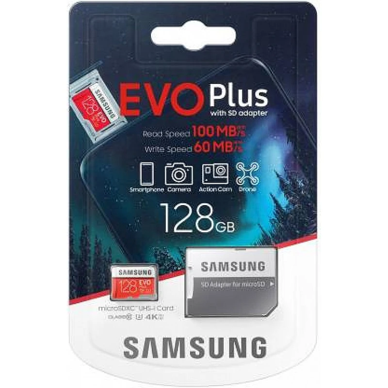 SAMSUNG EVO Plus 128 GB SD Card Class 10 100 MB/s Memory Card With Adapter SAMSUNG EVO Plus 128 GB SD Card Class 10 100 MB/s Memory Card With Adapter
