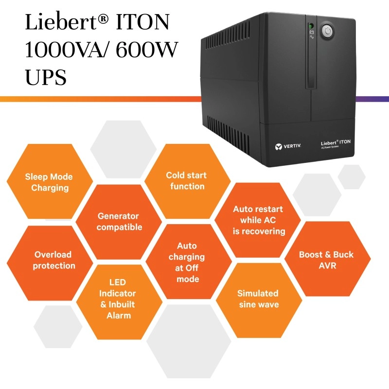 Vertiv Liebert ITON CX 1000 VA with 2 X 7 AH Battery 526110003000 220 V Line-interactive Tower Model UPS with Overload Protection 4 Outlet Plugs Vertiv Liebert ITON CX 1000 VA with 2 X 7 AH Battery 526110003000 220 V Line-interactive Tower Model UPS with Overload Protection 4 Outlet Plugs