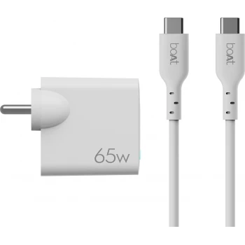 boAt 65 W Dual Port Gan All in 1 Charger with Smart Ic Protection, Auto Detectionwith Free Type C 100W Cable for iPhone & Andrioid Phones, Laptops & Tablets, White
