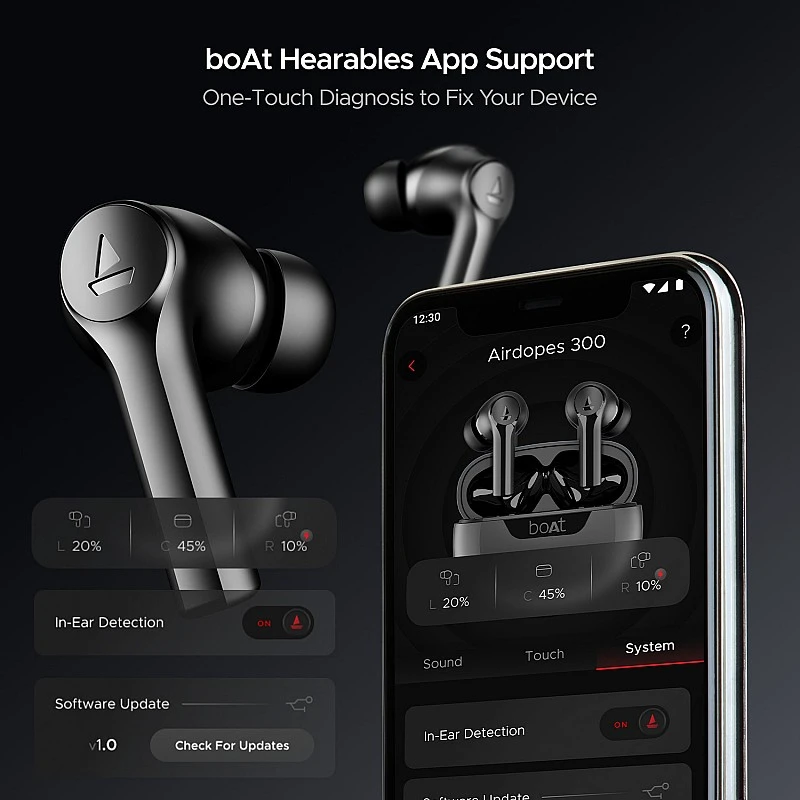 boAt Airdopes 300, Cinematic Spatial Audio, 50HRS Battery, 4Mic AI ENx, Fast Charge, App Support, Low Latency, IPX4, v5.3 Bluetooth Earbuds, TWS Ear Buds Wireless Earphones with mic boAt Airdopes 300, Cinematic Spatial Audio, 50HRS Battery, 4Mic AI ENx, Fast Charge, App Support, Low Latency, IPX4, v5.3 Bluetooth Earbuds, TWS Ear Buds Wireless Earphones with mic