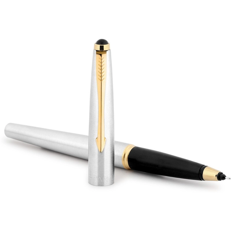 PARKER Galaxy Stainless Steel Gold Trim Ball Pen & Roller Ball Pen With Card Holder Pen Gift Set PARKER Galaxy Stainless Steel Gold Trim Ball Pen & Roller Ball Pen With Card Holder Pen Gift Set