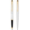 PARKER Galaxy Stainless Steel Gold Trim Ball Pen & Roller Ball Pen With Card Holder Pen Gift Set PARKER Galaxy Stainless Steel Gold Trim Ball Pen & Roller Ball Pen With Card Holder Pen Gift Set