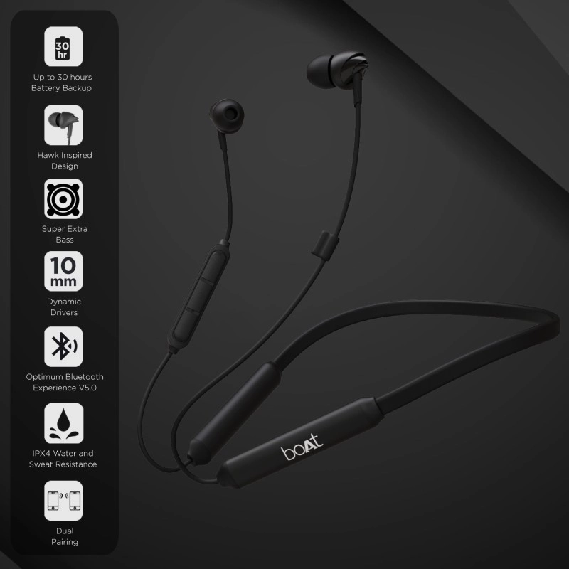 Boat 100 Bluetooth Wireless in Ear Earphones with Upto 30 Hours Playback, Boat Signature Sound, Ipx4 and Integrated Controls with Mic (Active Black) Boat 100 Bluetooth Wireless in Ear Earphones with Upto 30 Hours Playback, Boat Signature Sound, Ipx4 and Integrated Controls with Mic (Active Black)