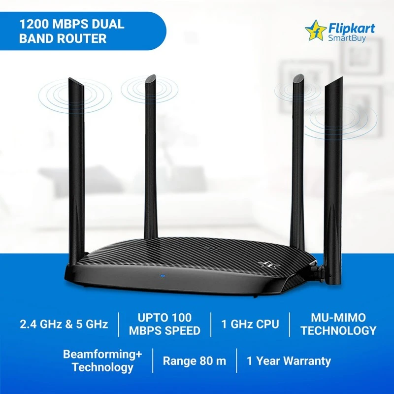 Flipkart SmartBuy AC5 1200 Mbps Wireless Router (Black, Dual Band) Flipkart SmartBuy AC5 1200 Mbps Wireless Router (Black, Dual Band)