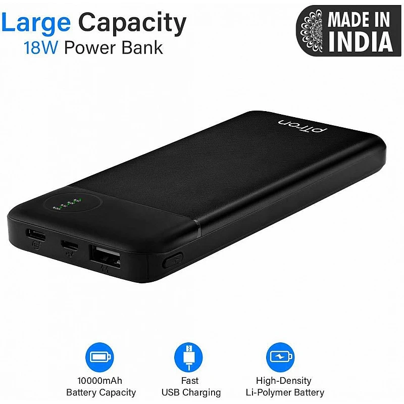 PTron 10000 mAh Lithium_Polymer Dynamo Pro Power Bank with 18 Watt Fast Charging, Black PTron 10000 mAh Lithium_Polymer Dynamo Pro Power Bank with 18 Watt Fast Charging, Black