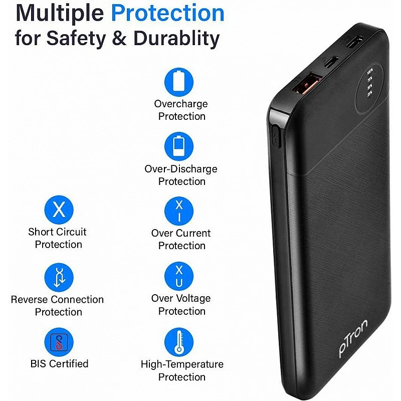 PTron 10000 mAh Lithium_Polymer Dynamo Pro Power Bank with 18 Watt Fast Charging, Black PTron 10000 mAh Lithium_Polymer Dynamo Pro Power Bank with 18 Watt Fast Charging, Black