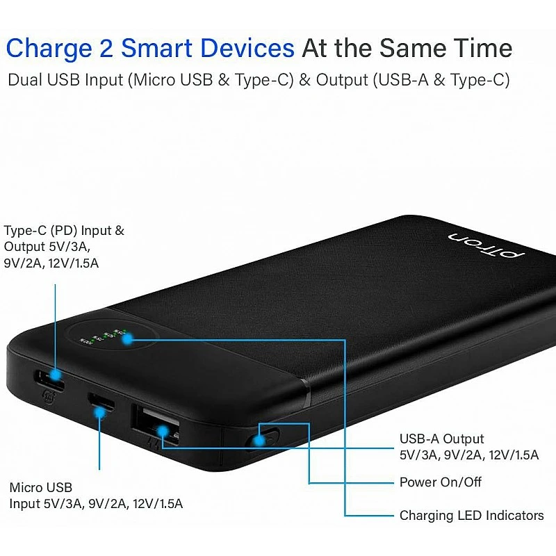 PTron 10000 mAh Lithium_Polymer Dynamo Pro Power Bank with 18 Watt Fast Charging, Black PTron 10000 mAh Lithium_Polymer Dynamo Pro Power Bank with 18 Watt Fast Charging, Black