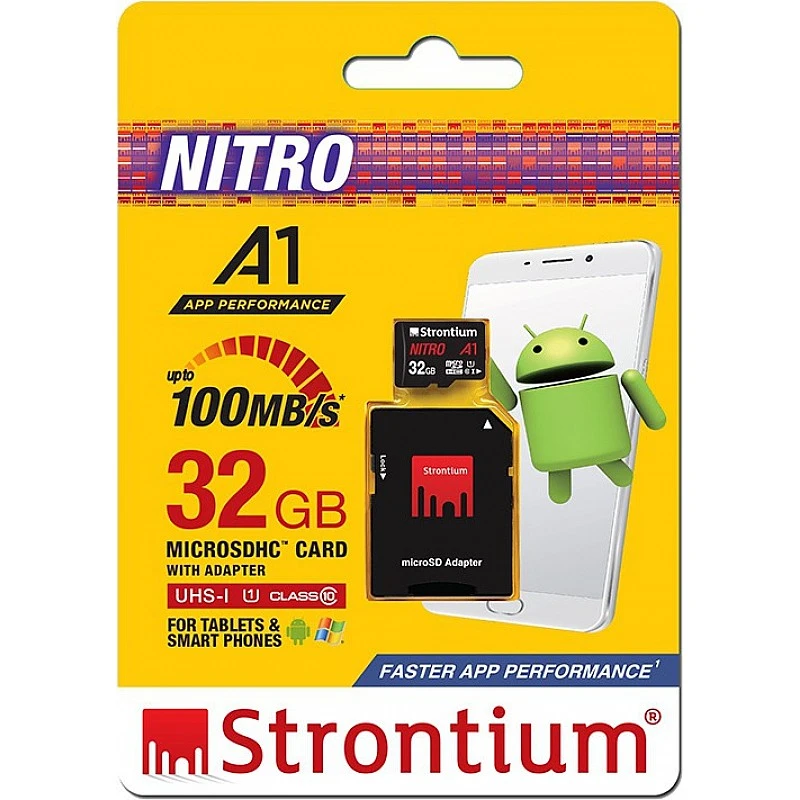 Strontium Nitro A1 32GB Micro SDHC Memory Card 100MB/s A1 UHS-I U1 Class 10 with High Speed Adapter Strontium Nitro A1 32GB Micro SDHC Memory Card 100MB/s A1 UHS-I U1 Class 10 with High Speed Adapter