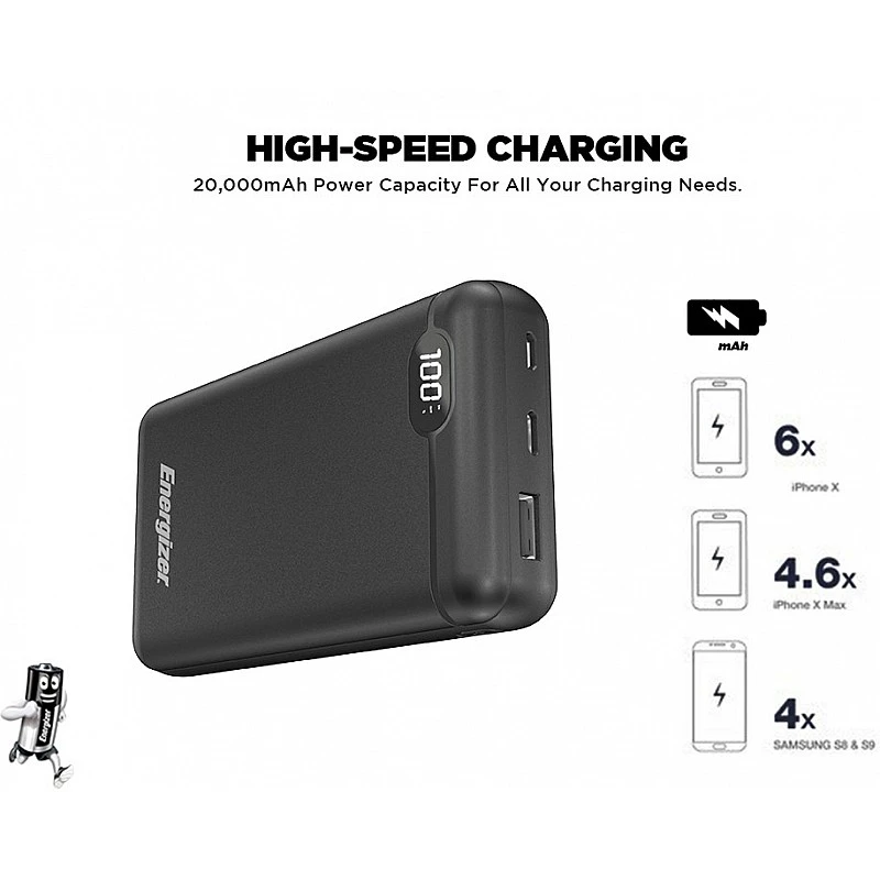 Energizer 20000mAh Power Bank Fast Charging 10 W Black Lithium Polymer- Energizer 20000mAh Power Bank Fast Charging 10 W Black Lithium Polymer-