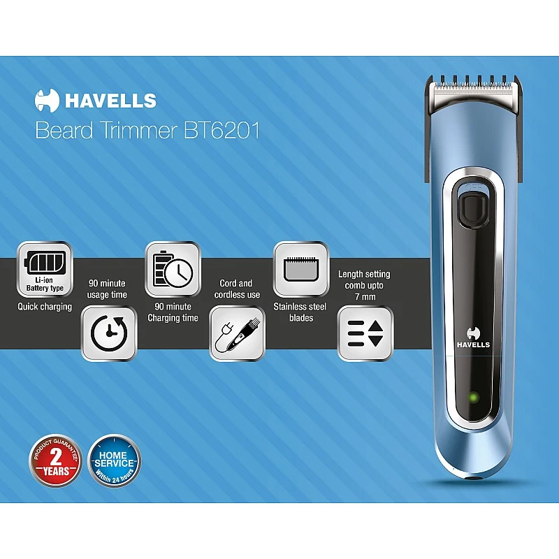 HAVELLS BT6201 Runtime: 90 min Trimmer for Men (Blue) HAVELLS BT6201 Runtime: 90 min Trimmer for Men (Blue)