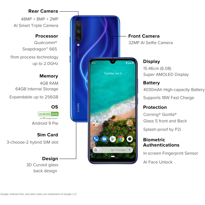 Mi A3 Not just Blue, 128 GB Storage 4 GB RAM Refurbished
