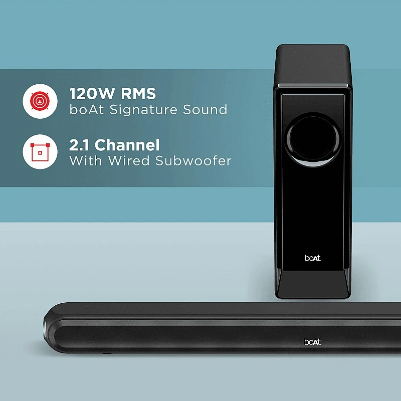 BoAt Aavante Bar 1600D/1650D with Dolby Digital & 3D Surround Sound 120 W Bluetooth Soundbar (Premium Black, 2.1 Channel) BoAt Aavante Bar 1600D/1650D with Dolby Digital & 3D Surround Sound 120 W Bluetooth Soundbar (Premium Black, 2.1 Channel)