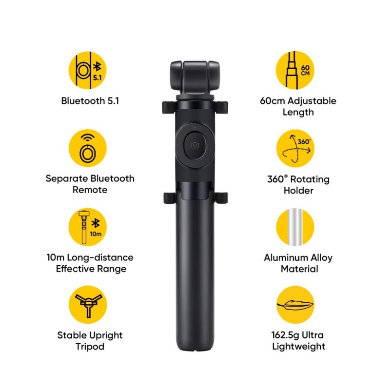 realme Selfie Stick with Tripod and Wireless Bluetooth 5.1 Remote- Black realme Selfie Stick with Tripod and Wireless Bluetooth 5.1 Remote- Black