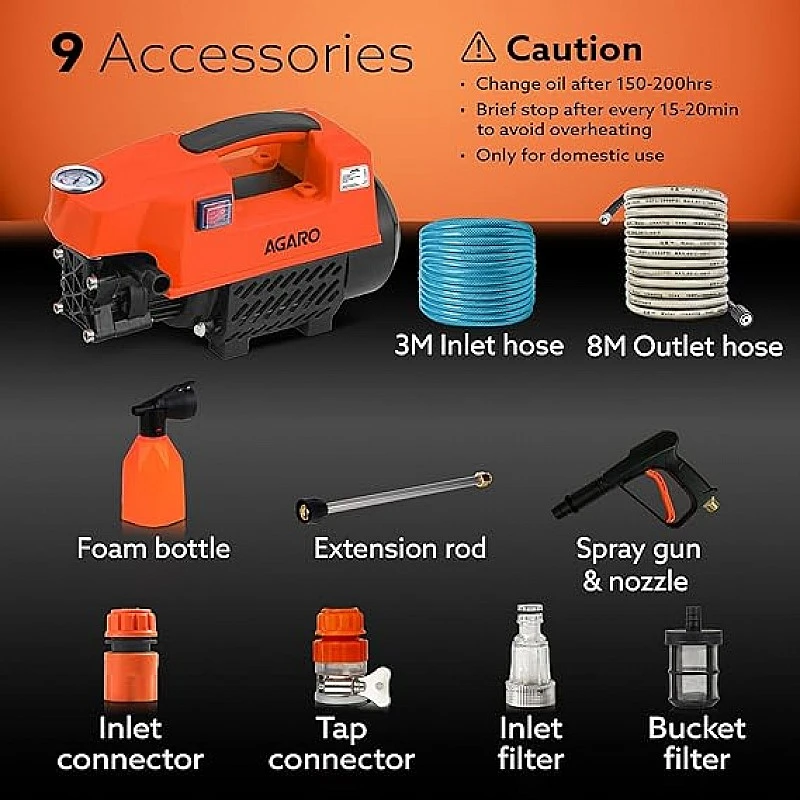 AGARO Supreme High Pressure Washer, 1800W, 120 Bar, 6.5L/Min Flow, 8m Hose, Portable for Car, Bike & Home Cleaning AGARO Supreme High Pressure Washer, 1800W, 120 Bar, 6.5L/Min Flow, 8m Hose, Portable for Car, Bike & Home Cleaning