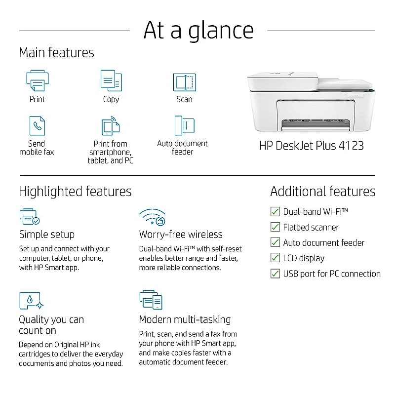 HP DeskJet Plus 4123 All-in-One Wifi Colour Printer, Scanner and Copier for Home Refurbished without Cartidges HP DeskJet Plus 4123 All-in-One Wifi Colour Printer, Scanner and Copier for Home Refurbished without Cartidges