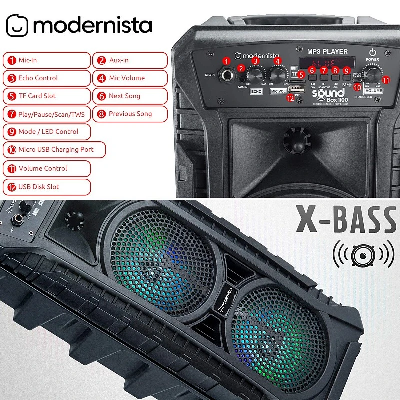 Modernista SoundBox 1100 Bass Boosted 40Watt PMPO Wireless Bluetooth Party Speaker with Wired Modernista SoundBox 1100 Bass Boosted 40Watt PMPO Wireless Bluetooth Party Speaker with Wired