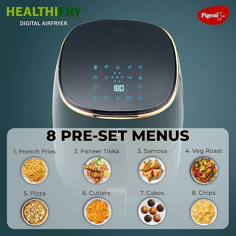 Pigeon Healthifry Digital Air Fryer, 360° High Speed Air Circulation Technology 1200 W with Non-Stick 4.2 L Basket - Green Pigeon Healthifry Digital Air Fryer, 360° High Speed Air Circulation Technology 1200 W with Non-Stick 4.2 L Basket - Green