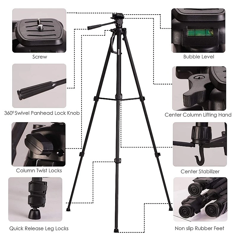 AGARO Adjustable Camera Tripod Stand with Mobile Phones Clip & Camera Holder, Supports Up to 3 Kgs, 66 inches Tall AGARO Adjustable Camera Tripod Stand with Mobile Phones Clip & Camera Holder, Supports Up to 3 Kgs, 66 inches Tall