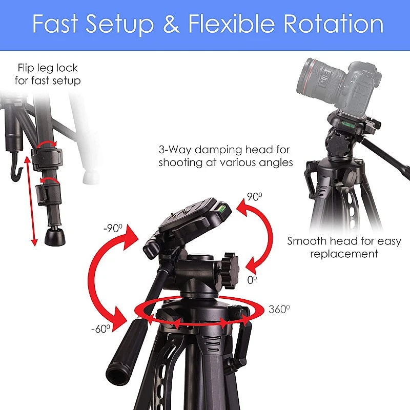 AGARO Adjustable Camera Tripod Stand with Mobile Phones Clip & Camera Holder, Supports Up to 3 Kgs, 66 inches Tall AGARO Adjustable Camera Tripod Stand with Mobile Phones Clip & Camera Holder, Supports Up to 3 Kgs, 66 inches Tall