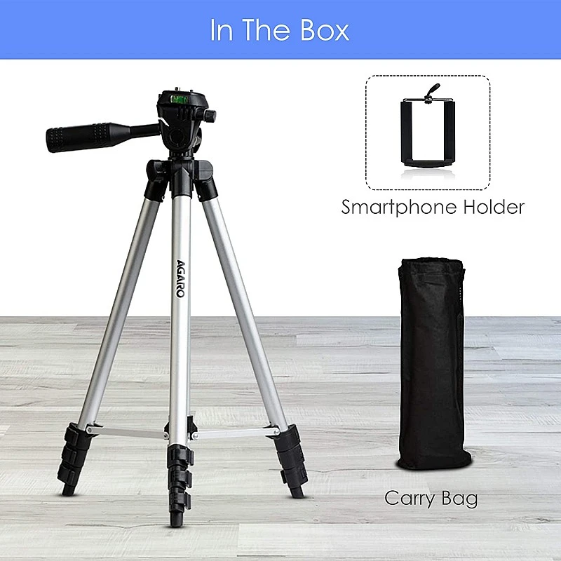 AGARO Adjustable Camera Tripod Stand with Mobile Phones Clip & Camera Holder, Supports Up to 3 Kgs, 66 inches Tall AGARO Adjustable Camera Tripod Stand with Mobile Phones Clip & Camera Holder, Supports Up to 3 Kgs, 66 inches Tall