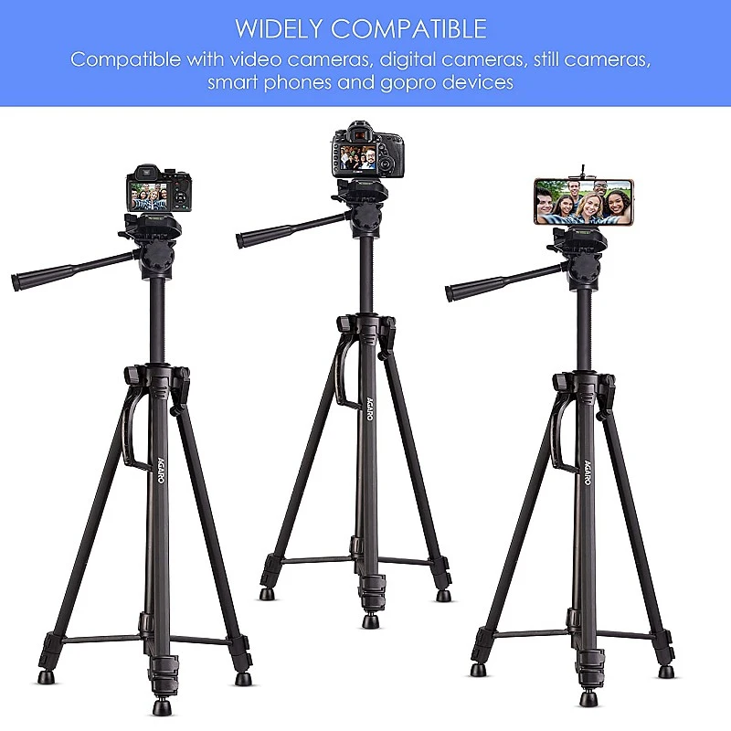 AGARO Adjustable Camera Tripod Stand with Mobile Phones Clip & Camera Holder, Supports Up to 3 Kgs, 66 inches Tall AGARO Adjustable Camera Tripod Stand with Mobile Phones Clip & Camera Holder, Supports Up to 3 Kgs, 66 inches Tall