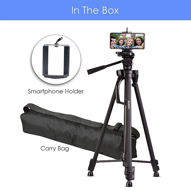 AGARO Adjustable Camera Tripod Stand with Mobile Phones Clip & Camera Holder, Supports Up to 3 Kgs, 66 inches Tall AGARO Adjustable Camera Tripod Stand with Mobile Phones Clip & Camera Holder, Supports Up to 3 Kgs, 66 inches Tall