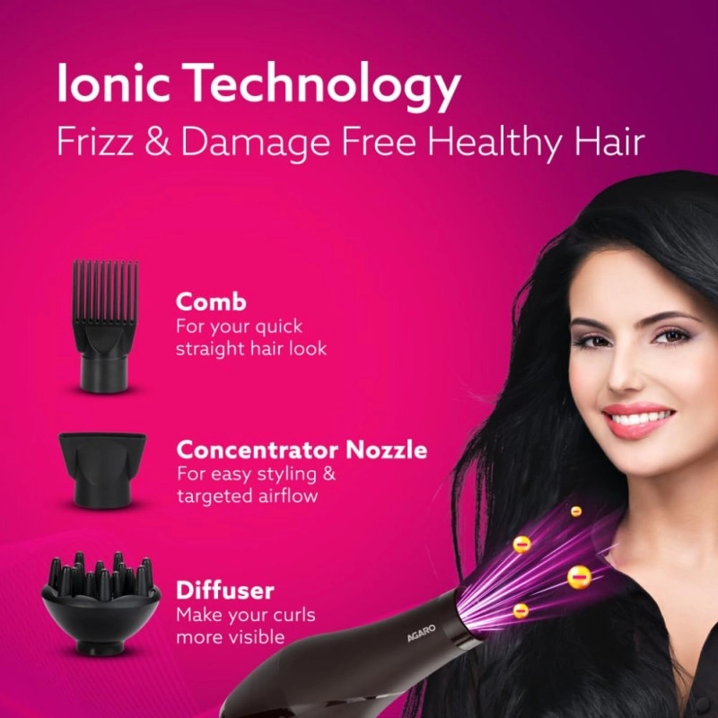 AGARO HD-1120 2000W AC Professional Hair Dryer with Comb, Concentrator & Diffuser Nozzles, Hot & Cold Air, 2 Speed & 3 Temperature Settings with Cool Shot, Hair Dryer & Blower for Men & Women AGARO HD-1120 2000W AC Professional Hair Dryer with Comb, Concentrator & Diffuser Nozzles, Hot & Cold Air, 2 Speed & 3 Temperature Settings with Cool Shot, Hair Dryer & Blower for Men & Women