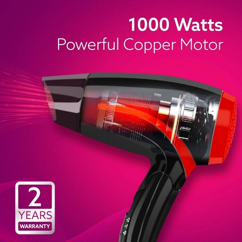 AGARO HD1177 Hair Dryer with 1000 Watts Copper Motor, 2 Speed & Temperature Settings,Foldable Handle, For both Men & Women, Black & Red AGARO HD1177 Hair Dryer with 1000 Watts Copper Motor, 2 Speed & Temperature Settings,Foldable Handle, For both Men & Women, Black & Red