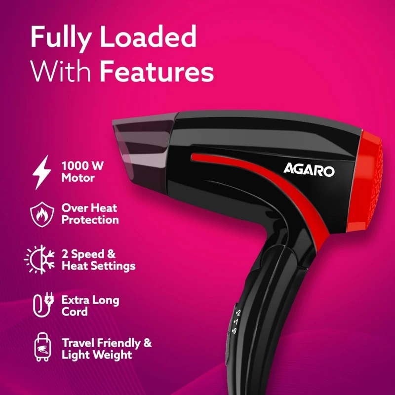 AGARO HD1177 Hair Dryer with 1000 Watts Copper Motor, 2 Speed & Temperature Settings,Foldable Handle, For both Men & Women, Black & Red AGARO HD1177 Hair Dryer with 1000 Watts Copper Motor, 2 Speed & Temperature Settings,Foldable Handle, For both Men & Women, Black & Red