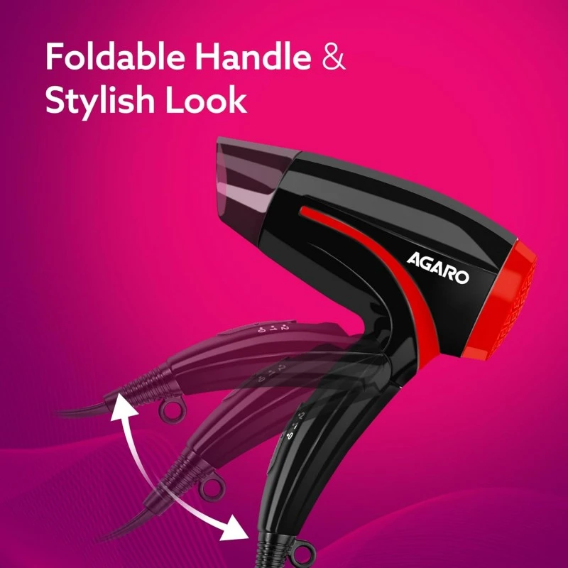 AGARO HD1177 Hair Dryer with 1000 Watts Copper Motor, 2 Speed & Temperature Settings,Foldable Handle, For both Men & Women, Black & Red AGARO HD1177 Hair Dryer with 1000 Watts Copper Motor, 2 Speed & Temperature Settings,Foldable Handle, For both Men & Women, Black & Red