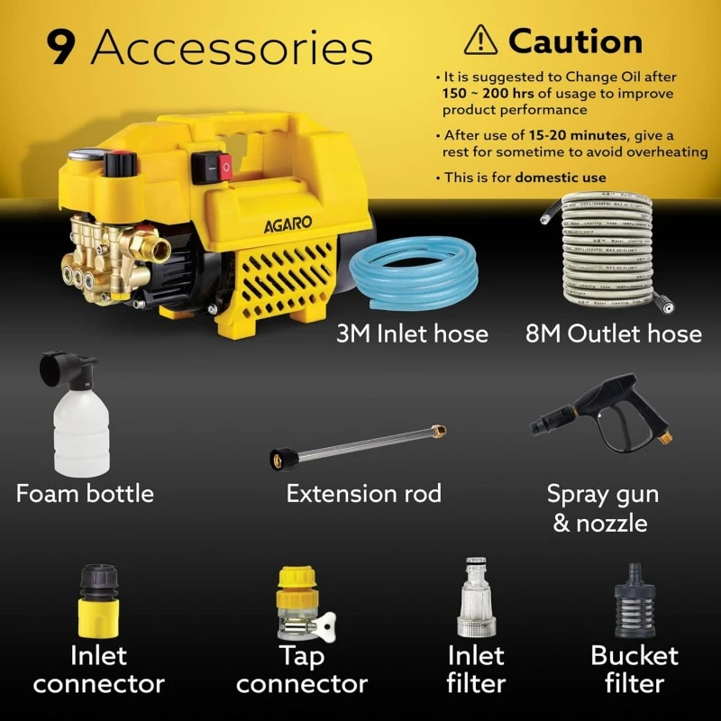 AGARO Primo High Pressure Washer, 1400 Watts, 110 Bars, 6.5L/Min Flow Rate, 5 Meters Outlet Hose, for Car,Bike and Home Cleaning Purpose, Grey AGARO Primo High Pressure Washer, 1400 Watts, 110 Bars, 6.5L/Min Flow Rate, 5 Meters Outlet Hose, for Car,Bike and Home Cleaning Purpose, Grey