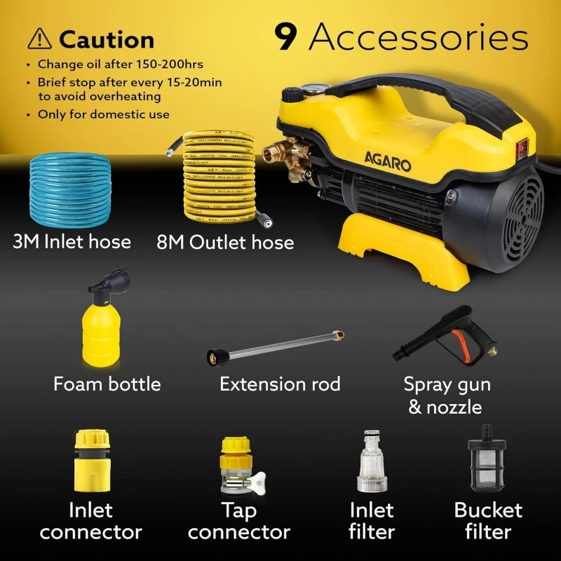 AGARO Primo High Pressure Washer, 1400 Watts, 110 Bars, 6.5L/Min Flow Rate, 5 Meters Outlet Hose, for Car,Bike and Home Cleaning Purpose, Grey AGARO Primo High Pressure Washer, 1400 Watts, 110 Bars, 6.5L/Min Flow Rate, 5 Meters Outlet Hose, for Car,Bike and Home Cleaning Purpose, Grey