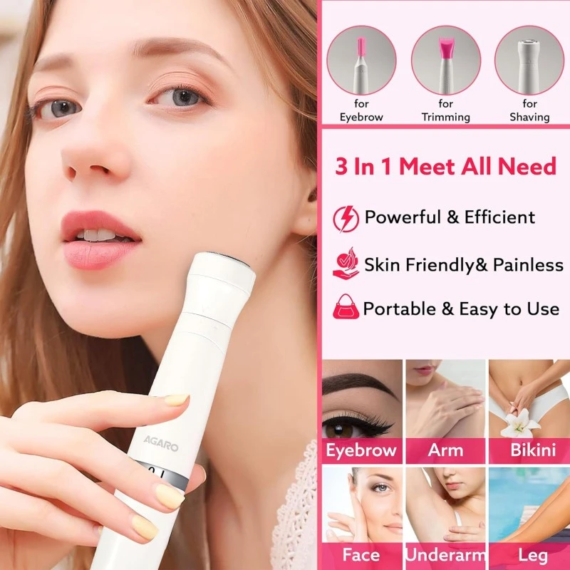 AGARO Rechargeable 3-in-1 Multi Trimmer For Women, Multipurpose Hair Remover for Women, Face, Leg, Eyebrow, Underarms, Bikini Trimmer, 90 minutes Runtime, White AGARO Rechargeable 3-in-1 Multi Trimmer For Women, Multipurpose Hair Remover for Women, Face, Leg, Eyebrow, Underarms, Bikini Trimmer, 90 minutes Runtime, White