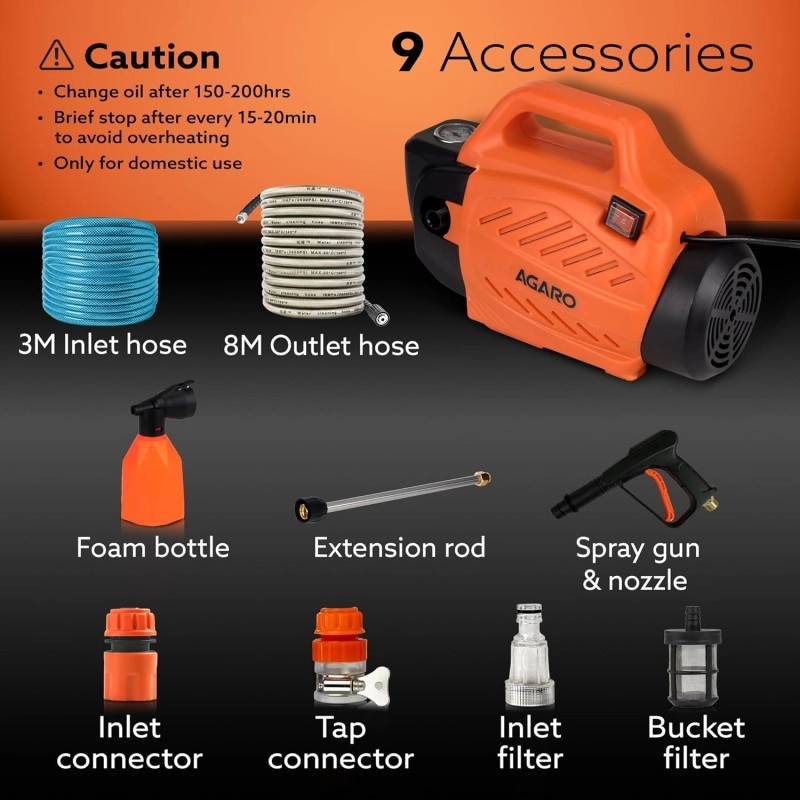 AGARO Regal High Pressure Washer, Car Washer, 2000W, 6.5L/Min Flow Rate, 120 Bars, 8 Meters Outlet Hose, 4 Mtr Power Cord, Portable, Car, Bike and Home Cleaning Purpose, Red AGARO Regal High Pressure Washer, Car Washer, 2000W, 6.5L/Min Flow Rate, 120 Bars, 8 Meters Outlet Hose, 4 Mtr Power Cord, Portable, Car, Bike and Home Cleaning Purpose, Red